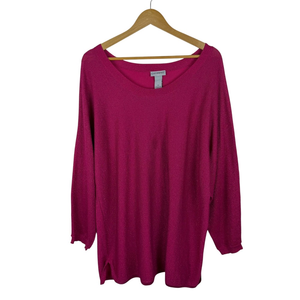 Catherines Pink Metallic Shimmer Knit Scoop Neck Sweater Size 1X Stretch Comfy